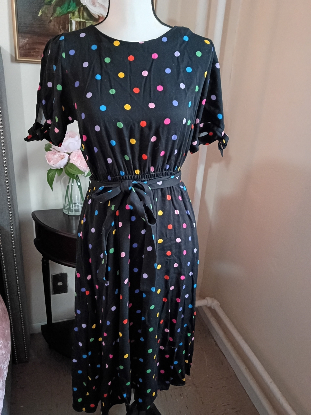 Collectif Black Midi Dress with Multicolor Polka Dots Rainbow Dress Size S